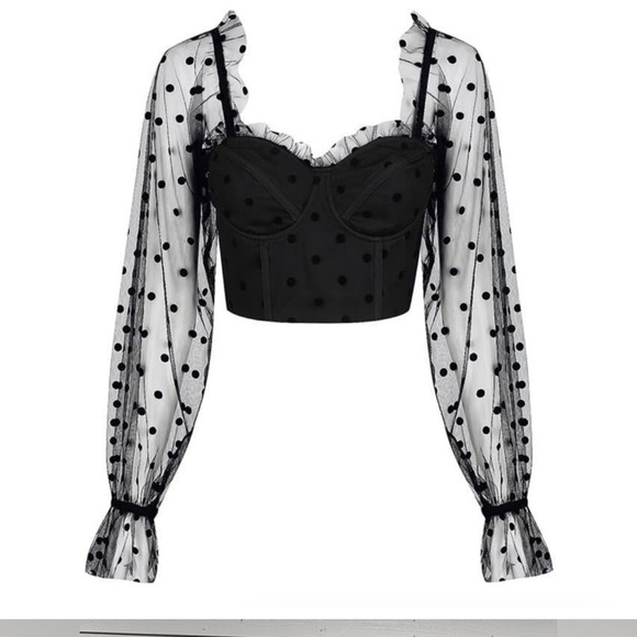 RNWY Sheer Polka Dot Crop Bustier Corset back zip Top | Chloe in Black Spot - Picture 7 of 11